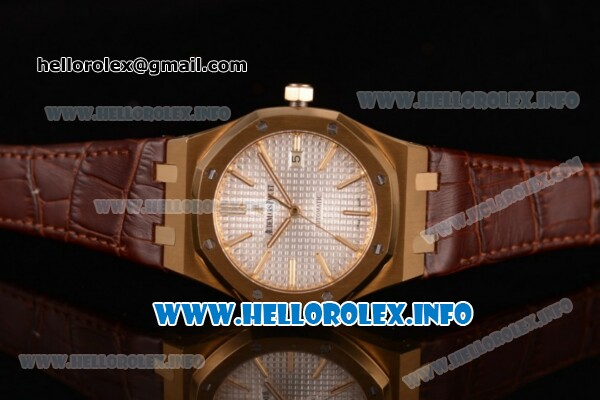 Audemars Piguet Royal Oak 41 Clone AP Calibre 3120 Automatic Yellow Gold Case with White Dial Stick Markers and Brown Leather Strap (BP) - Click Image to Close